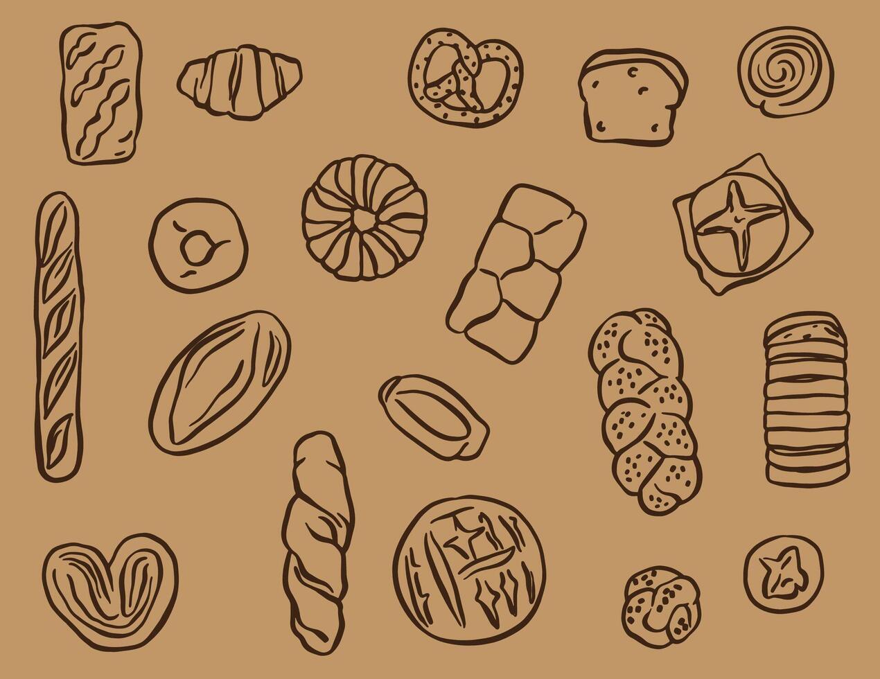 Line art of different types of bread in doodle style, bakery element. vector