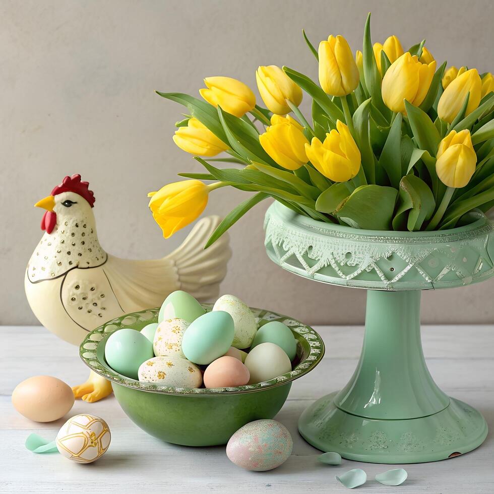 Still life of yellow tulips blossom, Easter bunny and colorful Eggs in a glass photo