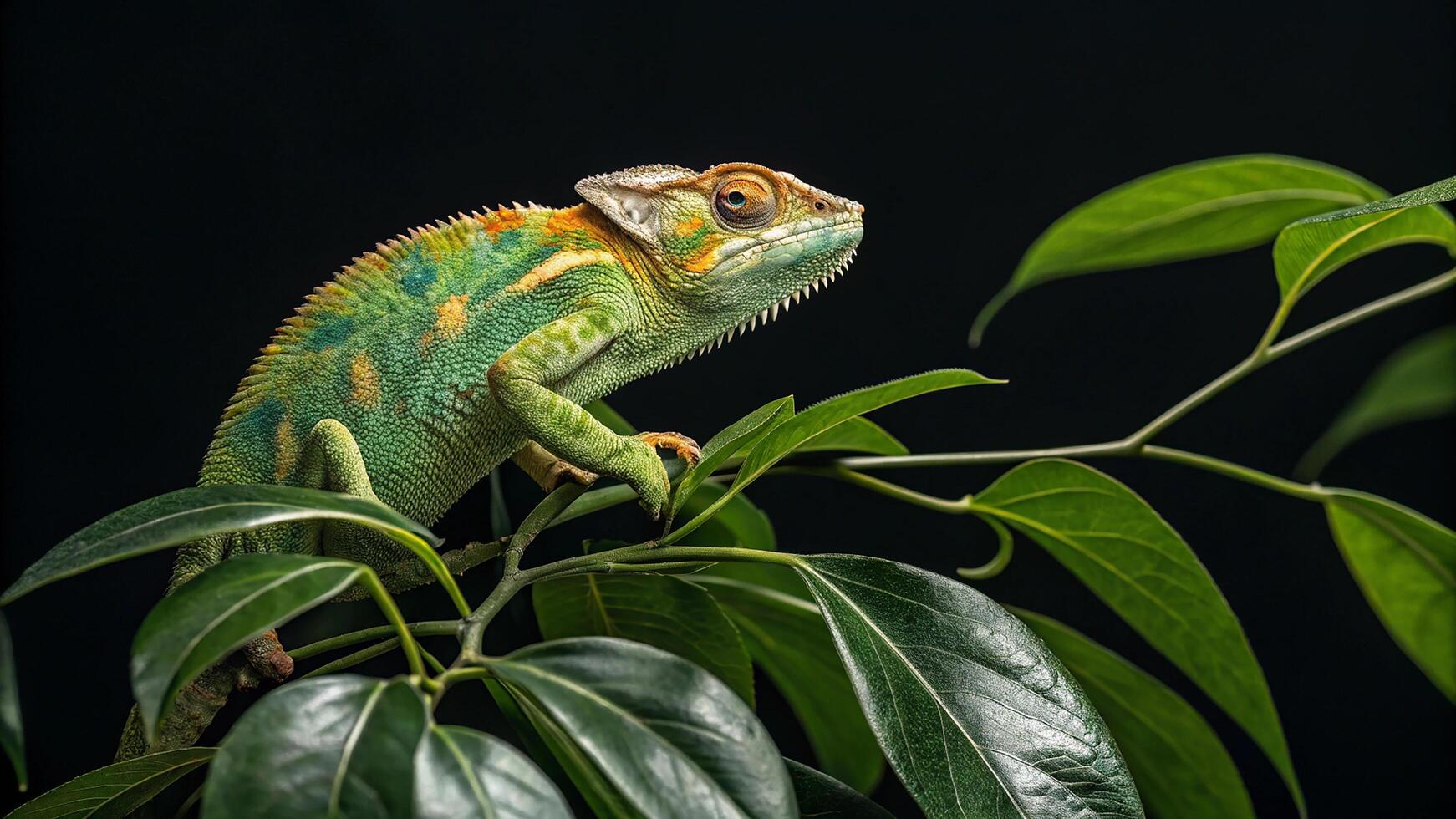 Chameleon and beetle on a branch. photo