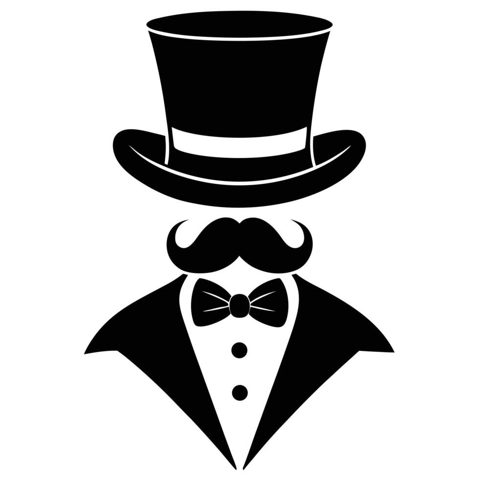 Elegant Gentleman Silhouette Top Hat, Mustache, Bow Tie, Illustration vector