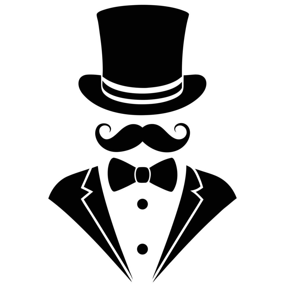 Elegant Gentleman Silhouette Top Hat, Bow Tie, Mustache Illustration vector