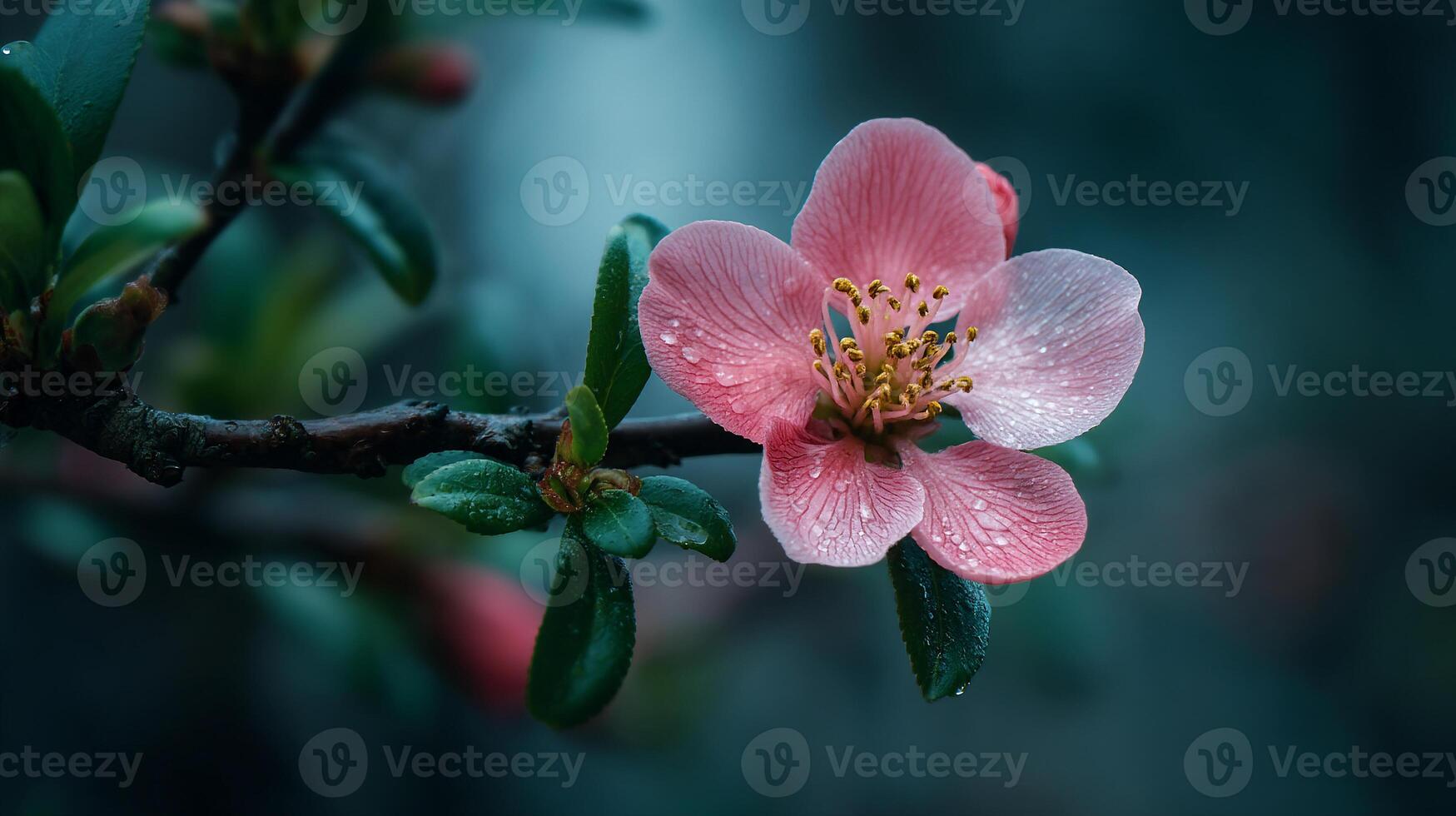 Sharp macro of flower on tree branch with green tones full of nature beauty photo
