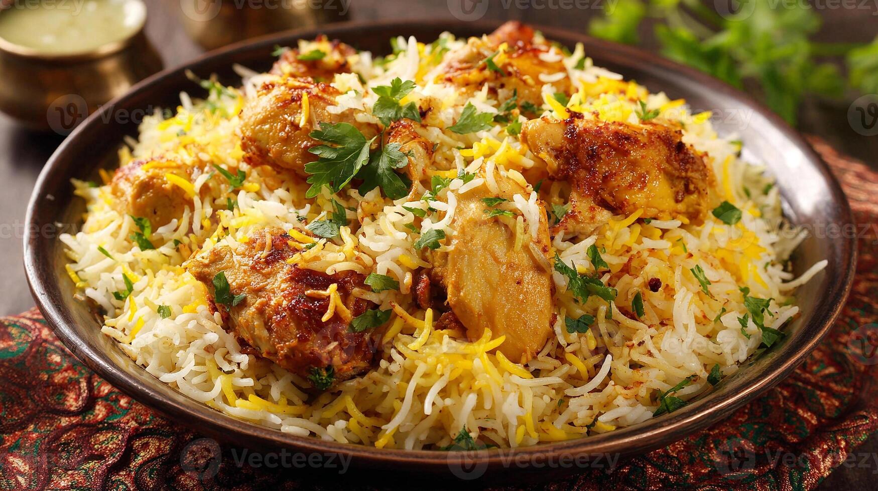 Biryani dish rice with tender chicken in beautiful natural lighting photo