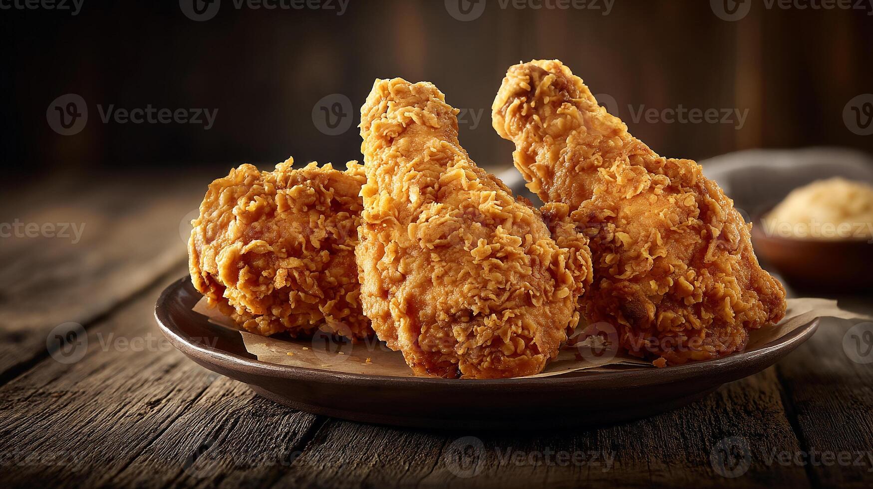 Rustic wooden table with fried chicken leg image photo