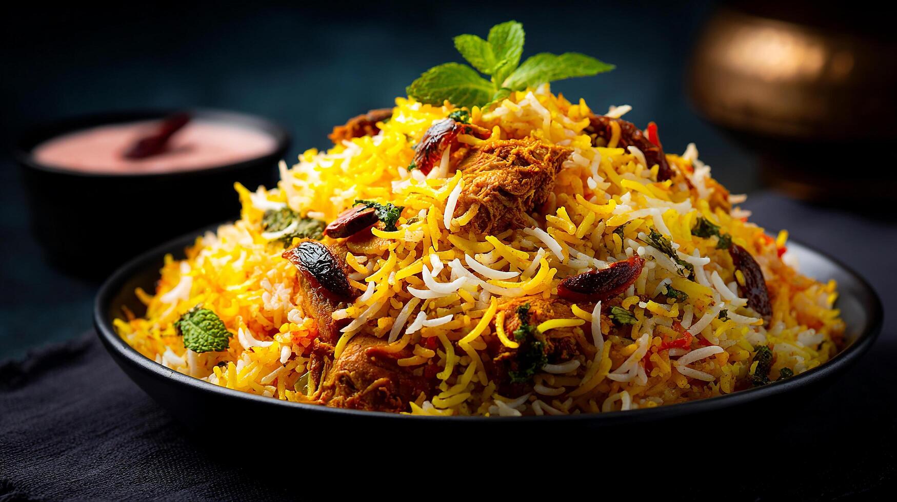 Authentic biryani dish in bowl with sharp focus and detail photo