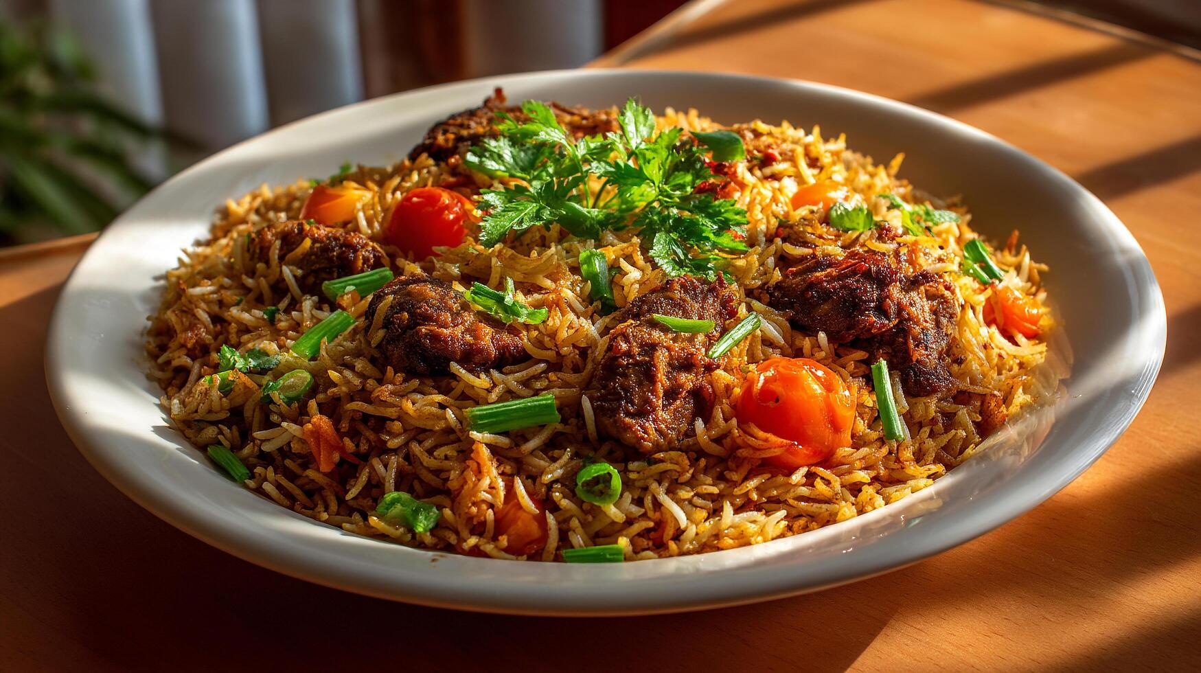 Indian biryani dish with seasoned rice and roasted chicken thigh photo