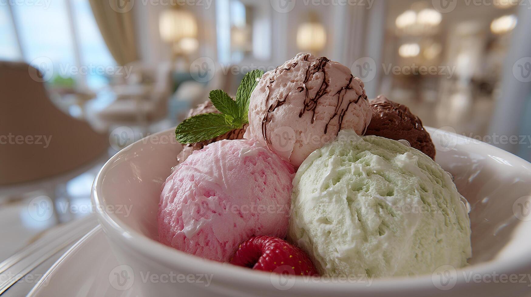 Creamy frozen dessert in realistic candy setting image photo
