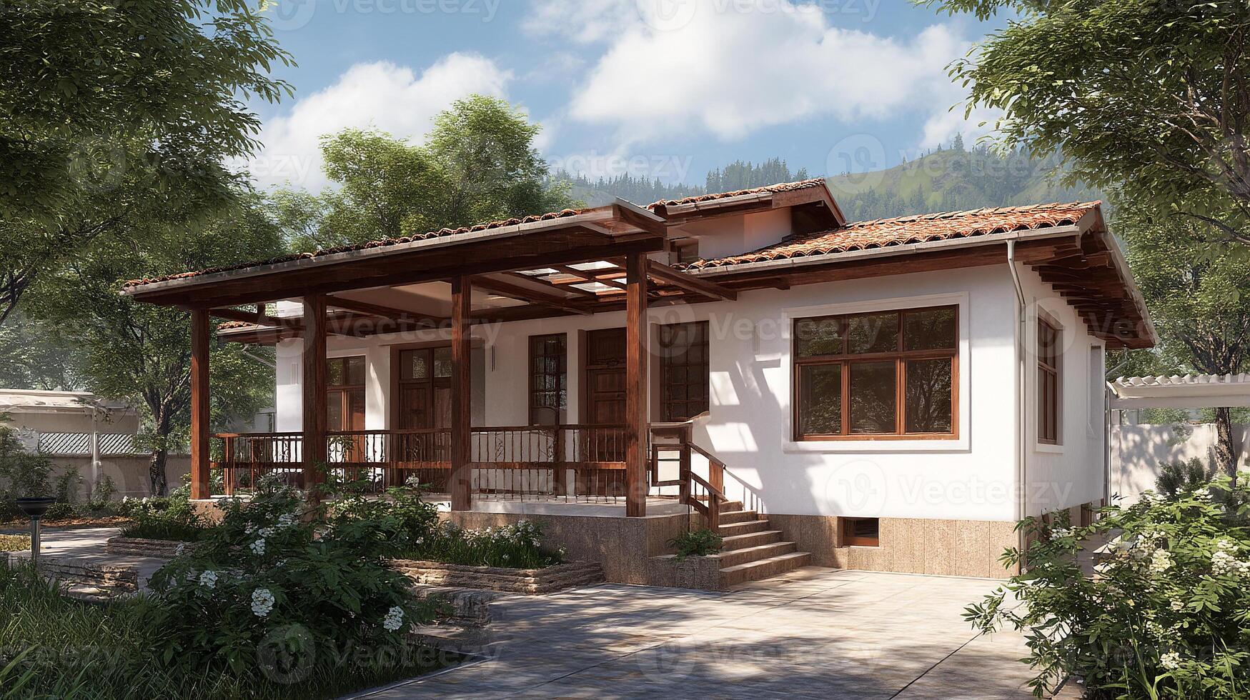 Exterior shot of residential house with modern roof and architectural design photo