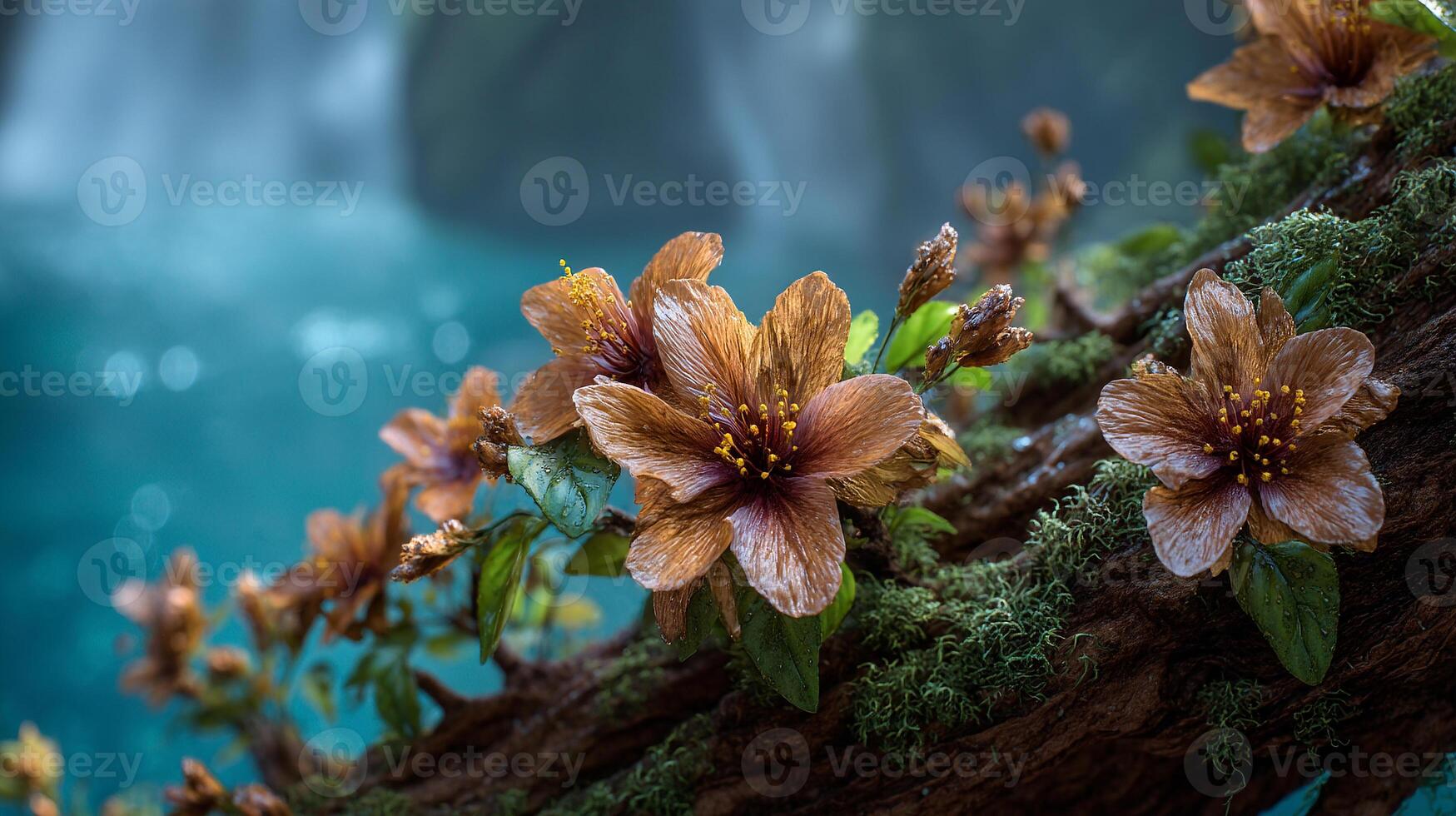 Tree branch holding a vibrant photo of flower with rich tones