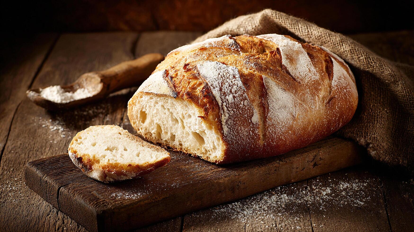 Delicious golden bread bread photo sitting on grainy wooden board