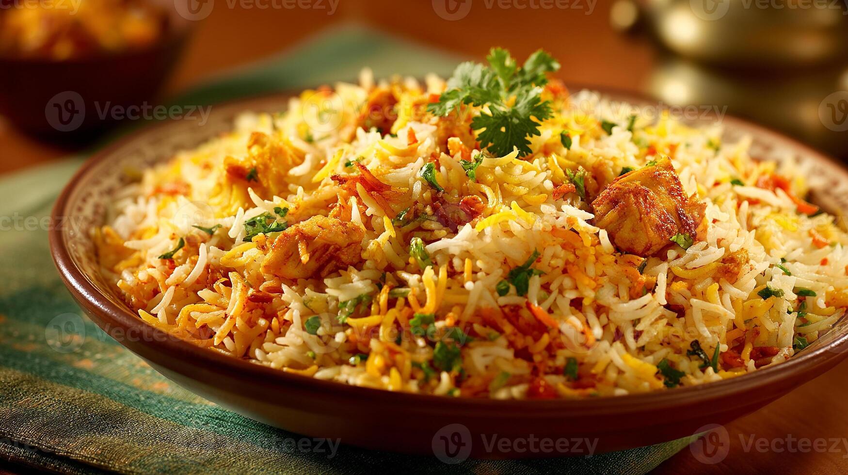 Tandoori spicy biryani served with basmati rice and curry photo