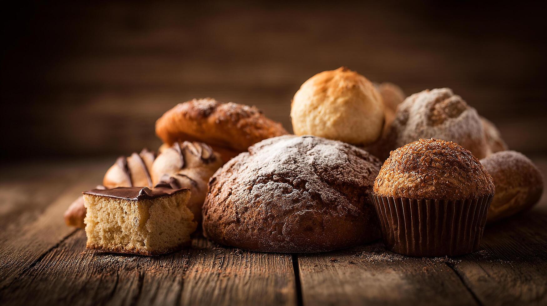 Textured rustic table holding baked assortment image photo