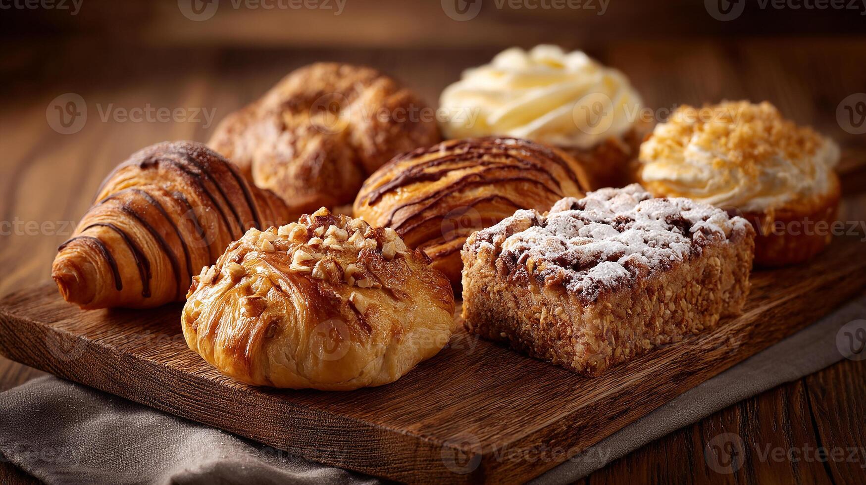 Fresh rustic pastries on wooden table image photo