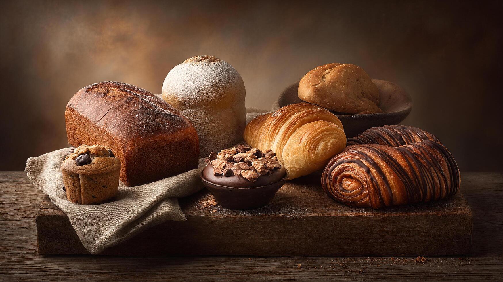 Photorealistic close-up photo of bakery items and goods