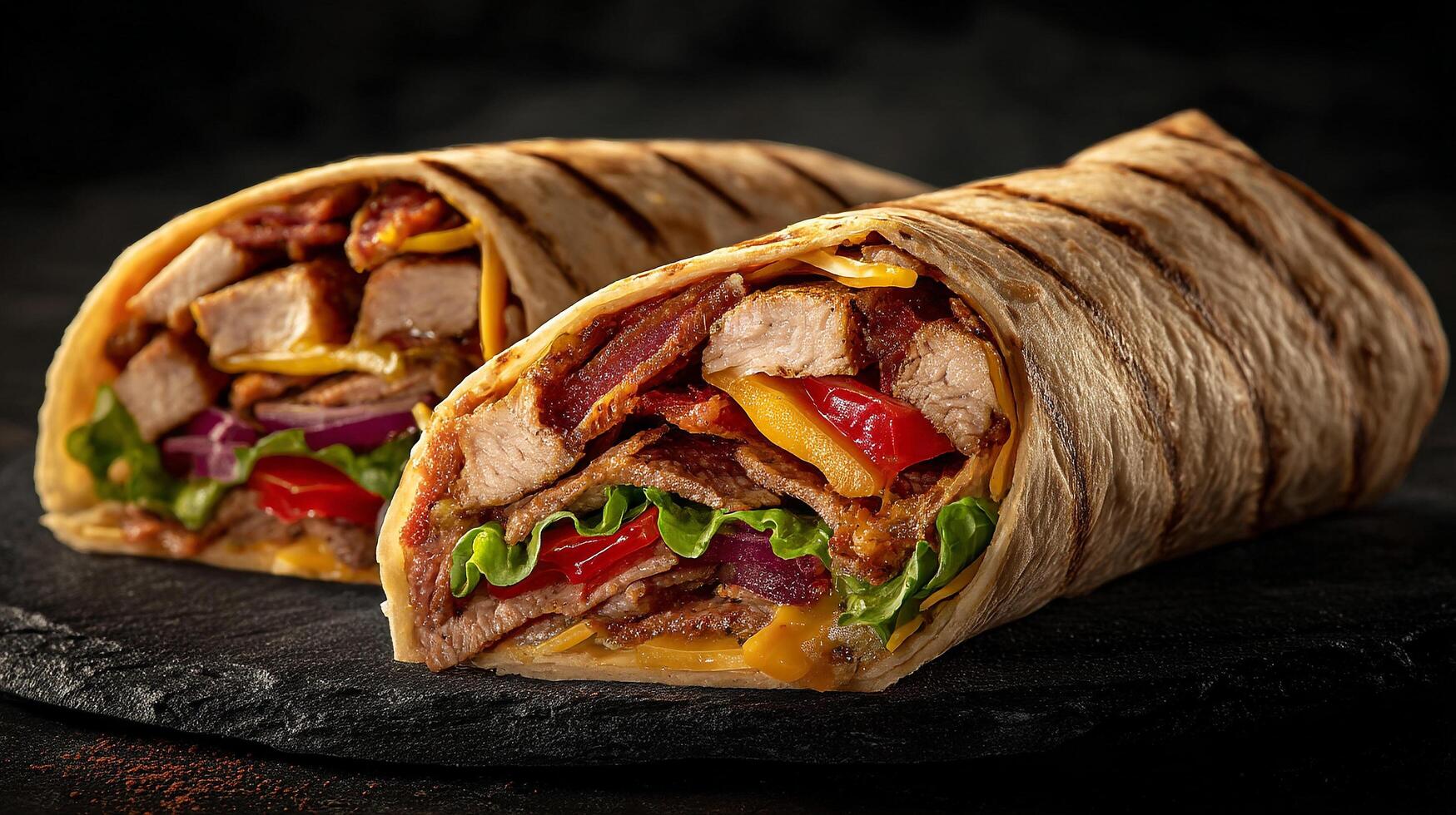 Freshly prepared image of shawarma roll in pita bread photo
