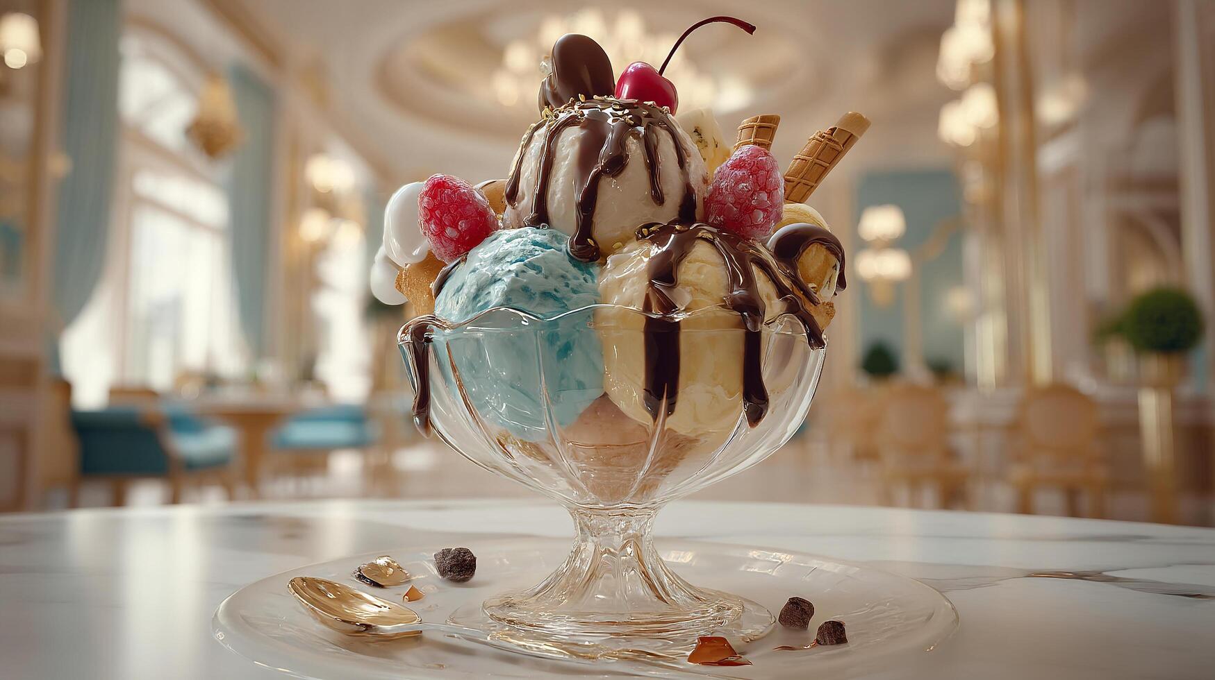 Realistic frozen dessert ice cream photo with sweet crunchy detail