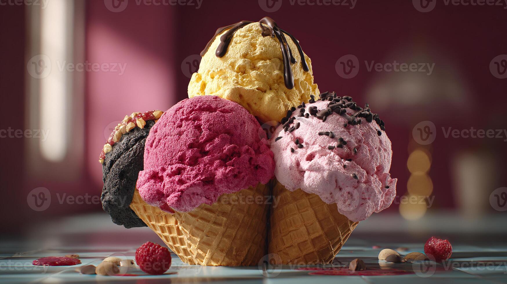 Colorful toppings ice cream photo on smooth frozen dessert