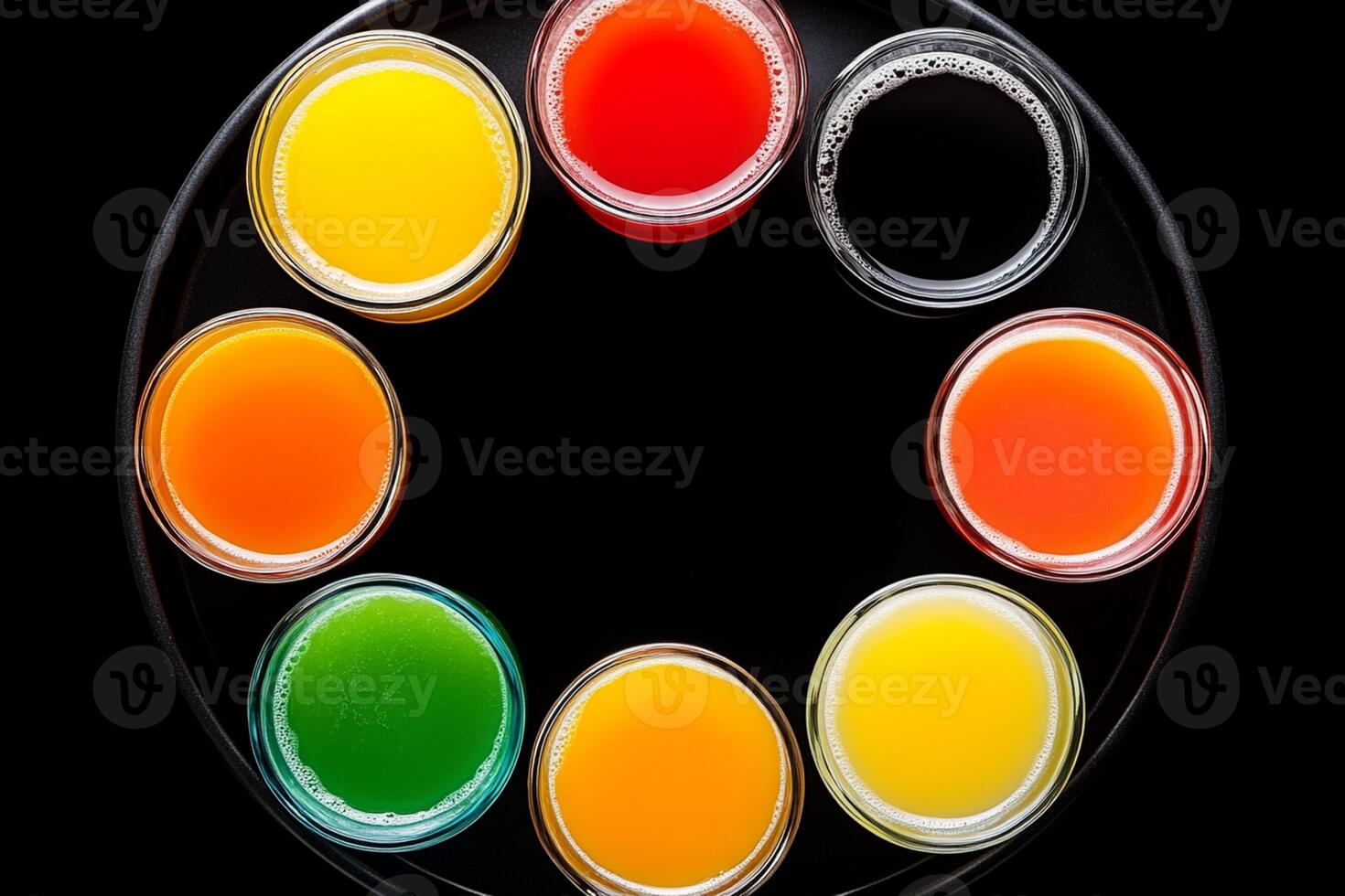 A circular arrangement of different colored drinks in a black bowl photo