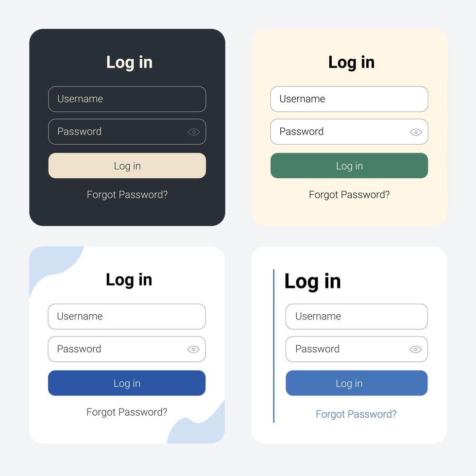 Set of Log In Page forms. Professional and User-friendly web and UI UX design elements. Username and password. vector