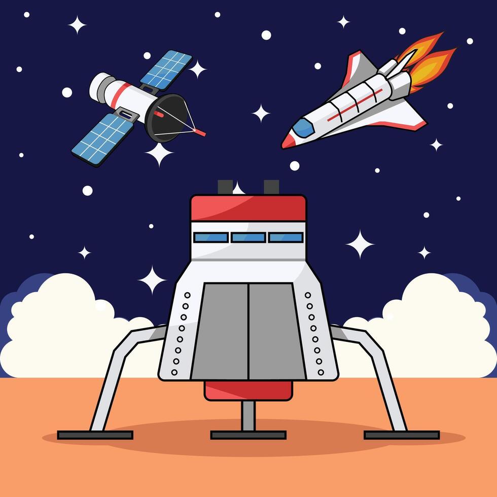 Space colonization, satellite and spaceship travel in space vector