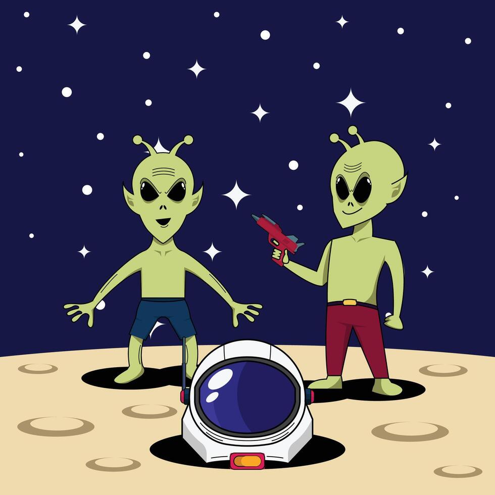 Aliens discover astronaut helmet character illustration vector