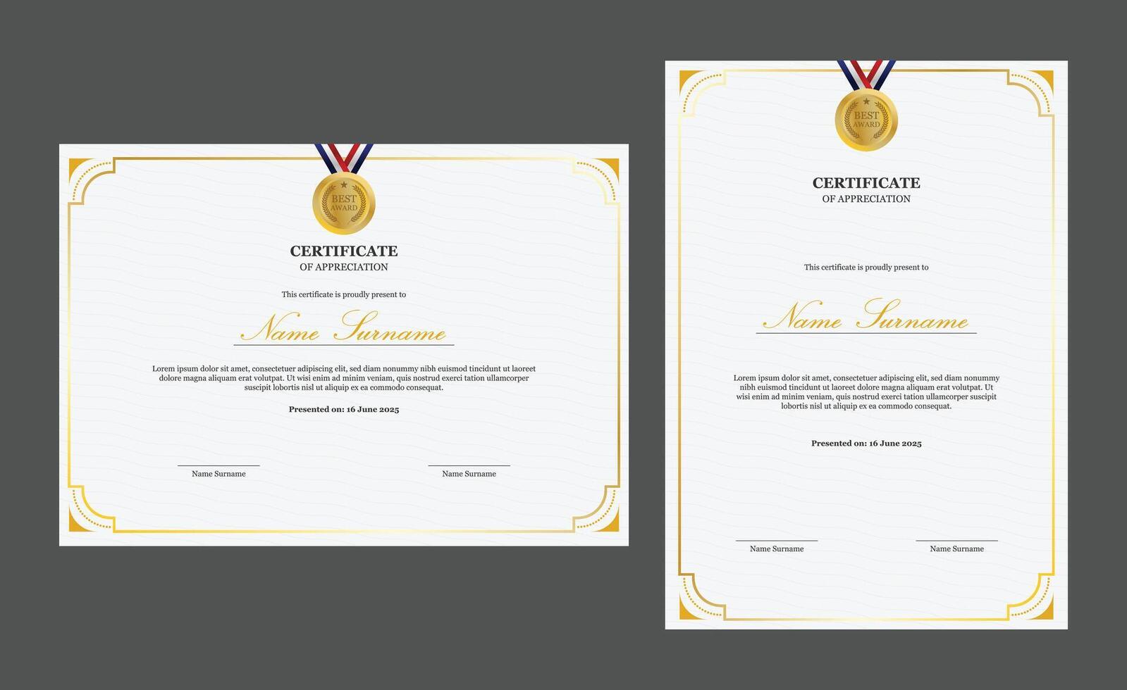 Vintage certificate of appreciation template with landscape and portrait format vector