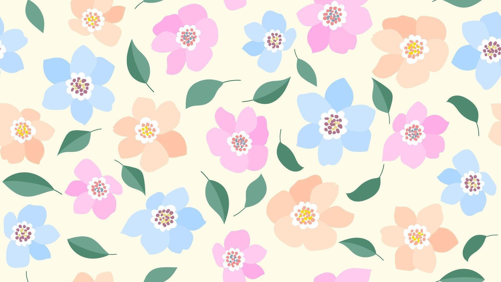Pastel floral seamless pattern on a light yellow background. summer motif hand drawn flower and green leaves in simple decorative style vector