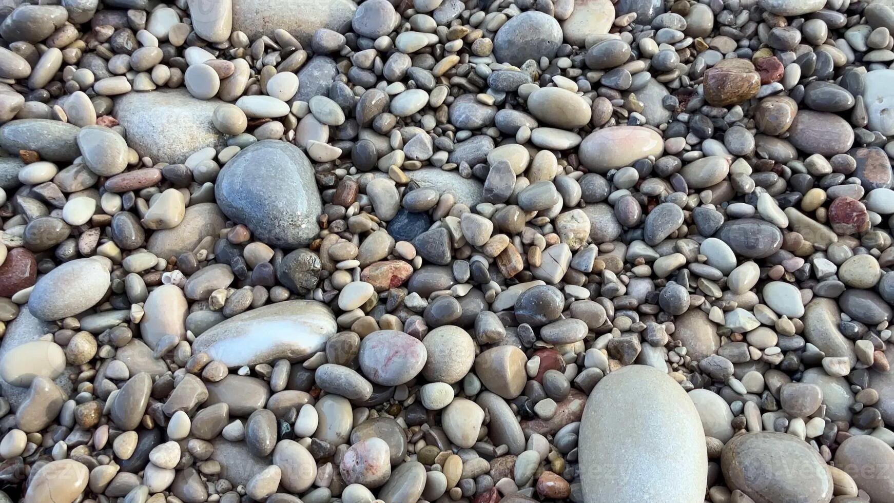 A picturesque view of a pebbled beach, with calm waves lapping gently and stones scattered across the shore photo