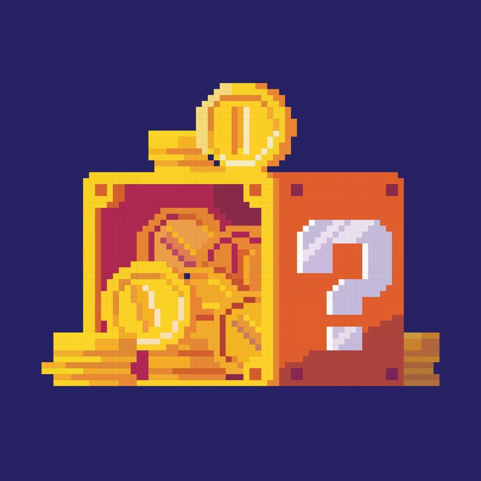 mystery box pixel art filled with coins, vector
