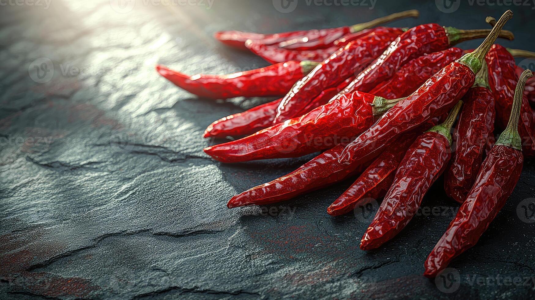 Several red chili peppers are resting on a dark stone surface photo
