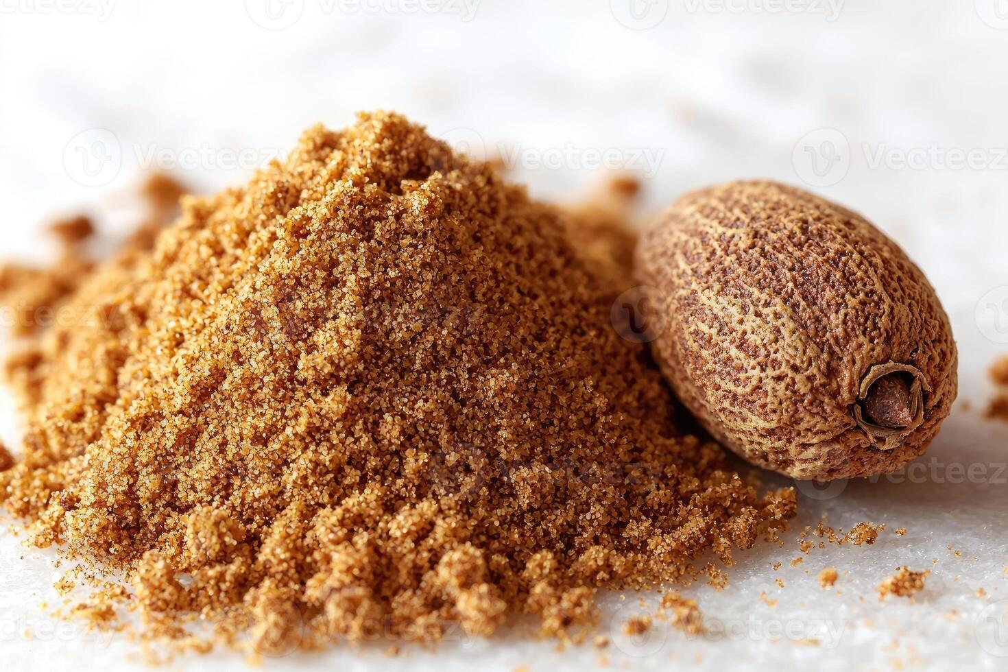 Freshly ground spices and whole nutmeg sit on a surface photo