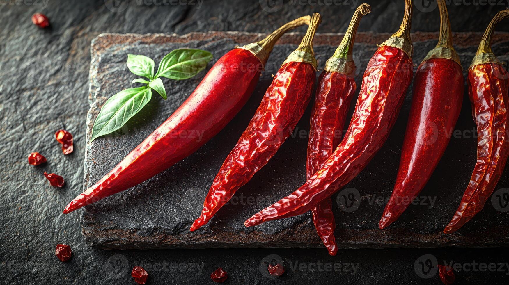 Red chili peppers and green basil are on a dark stone photo