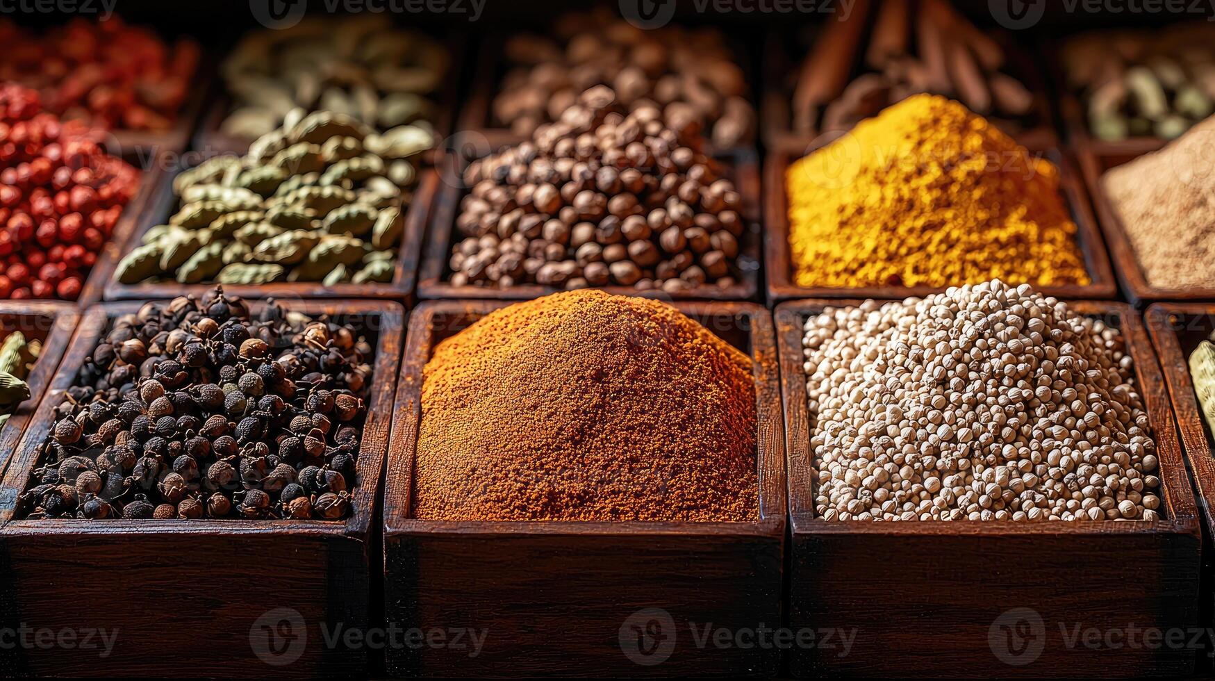 Assortment of different spices displayed in small wooden containers photo
