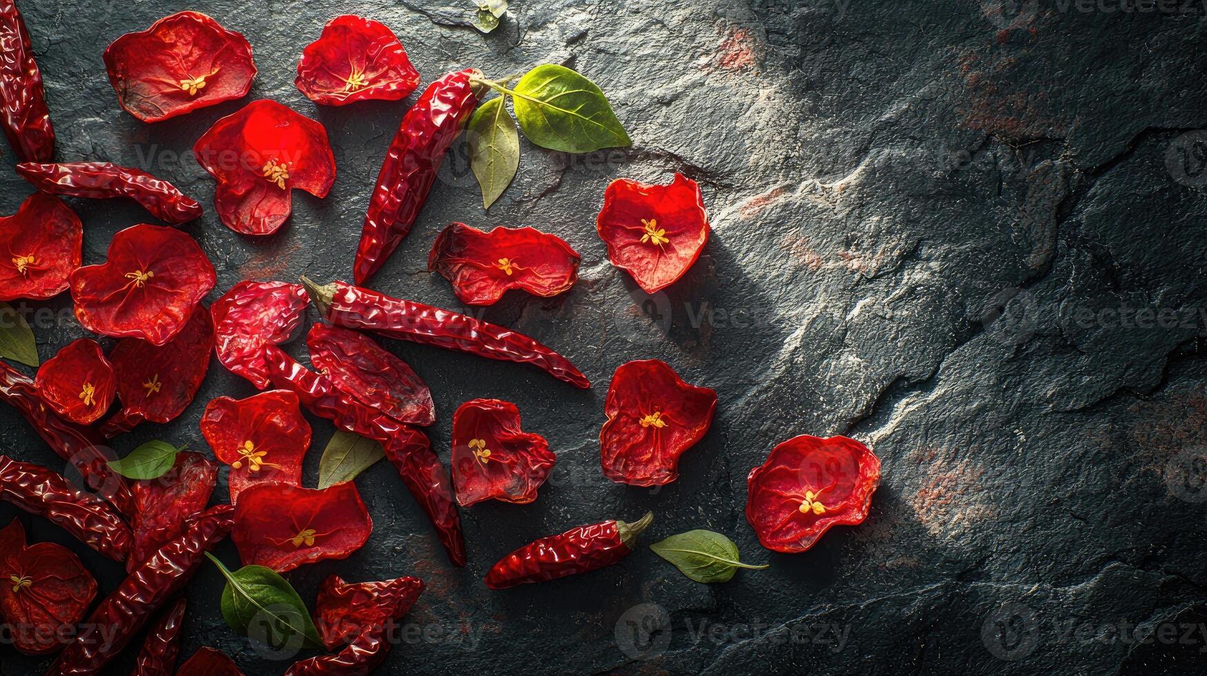 Red dried peppers and flowers arranged on a dark stone surface photo