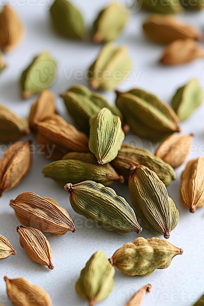 Close up of multiple pods of green and brown cardamom photo