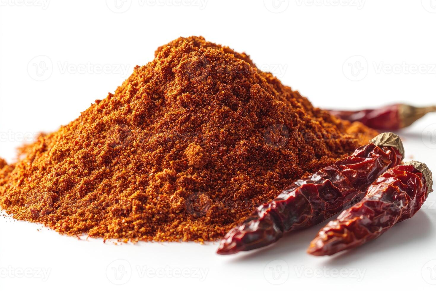 Pile of chili powder beside dried chili peppers. photo