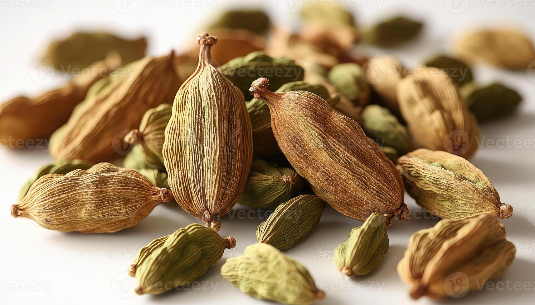 Close up image shows many whole dried green cardamom pods photo