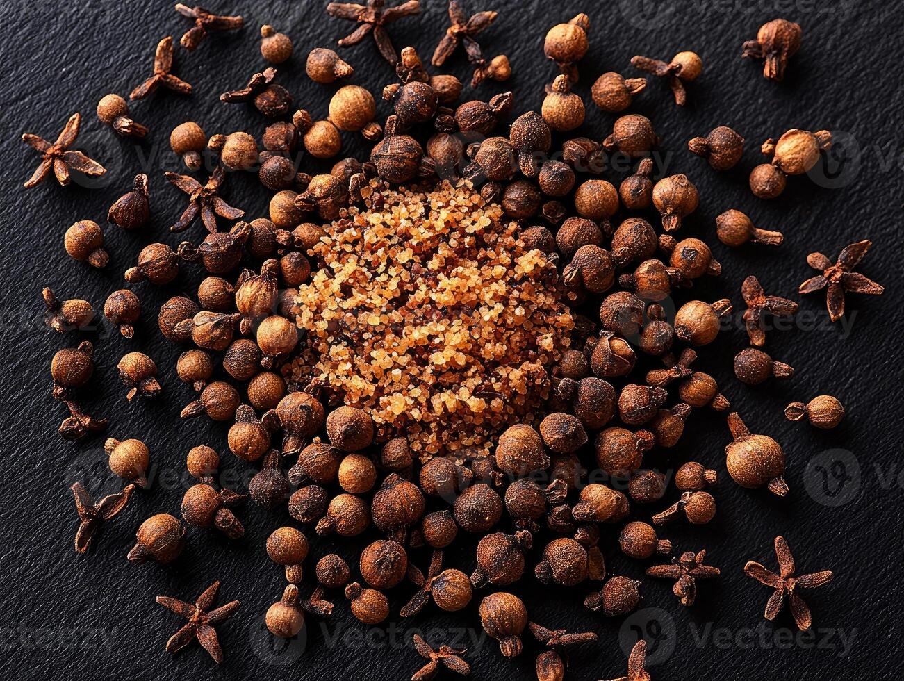 A close up image of scattered aromatic spices together photo