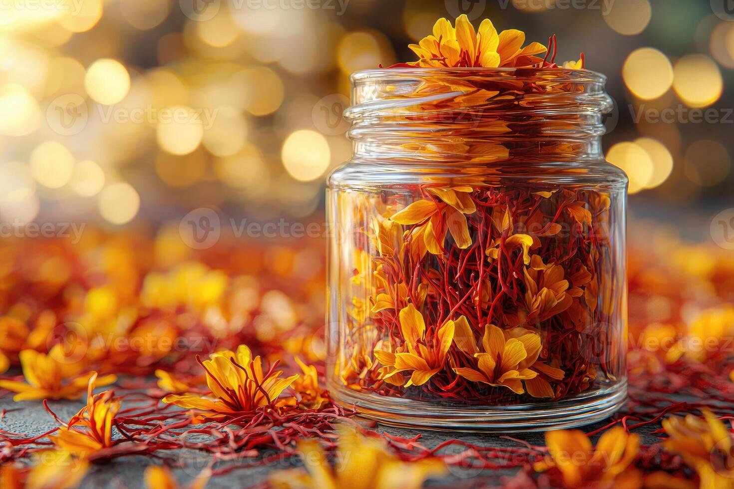 A transparent jar full of saffron and flower petals photo
