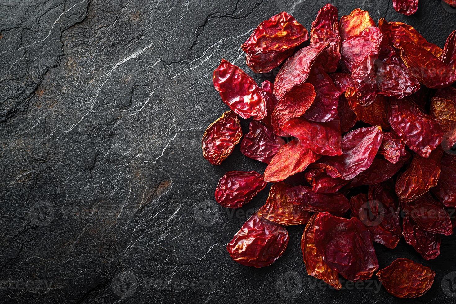 Dried red chilies arranged on a dark textured stone surface photo