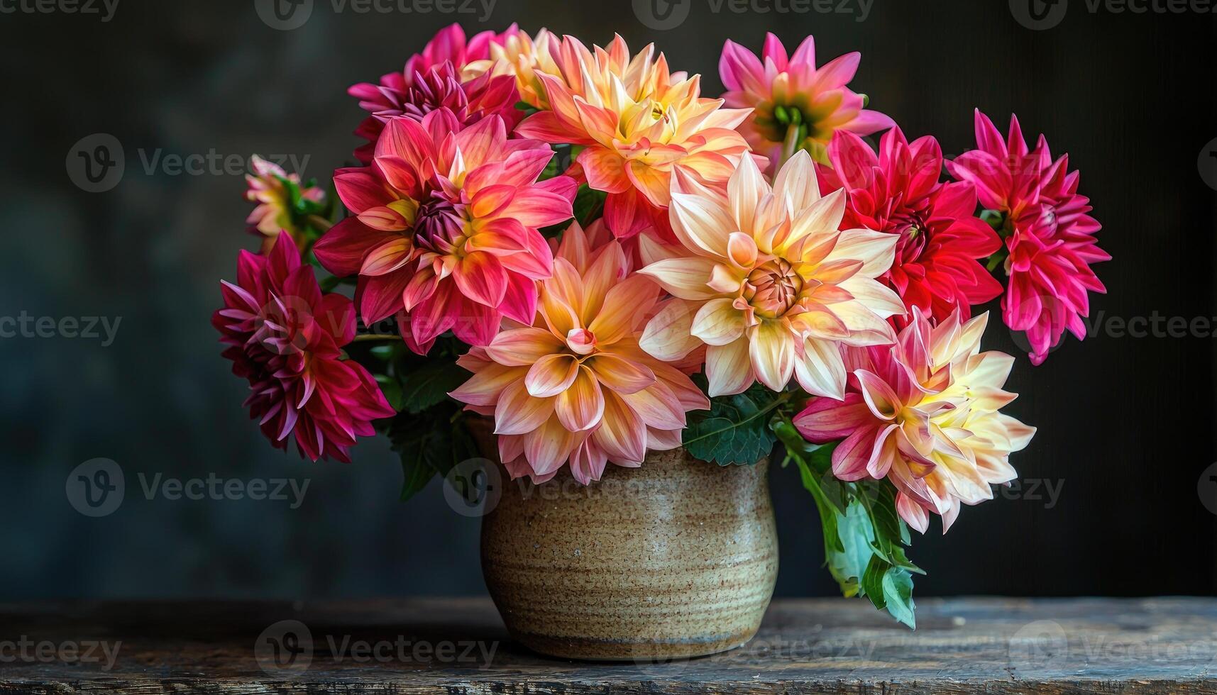 A beautiful bouquet of colorful flowers in a textured vase photo