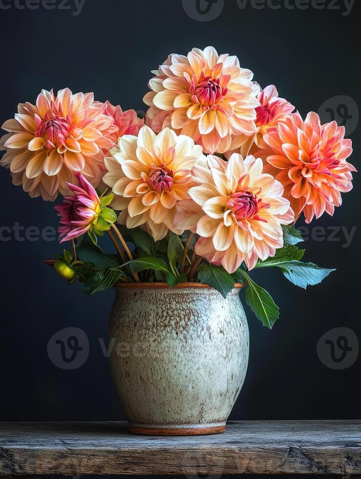 A beautiful bouquet of dahlia flowers in a ceramic vase photo