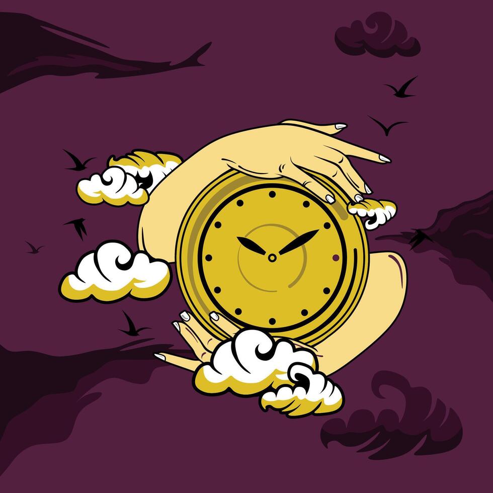 Hands Holding Time Clock Clouds vector