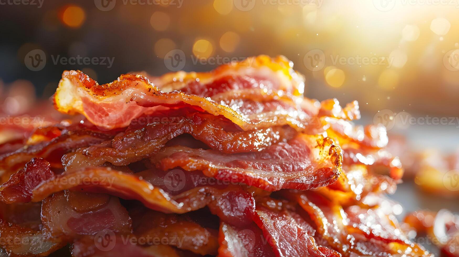 Tasty crispy bacon strips pile seasoned with salt and spices. Classic dish for British breakfast, featuring grilled fatty pork slices photo