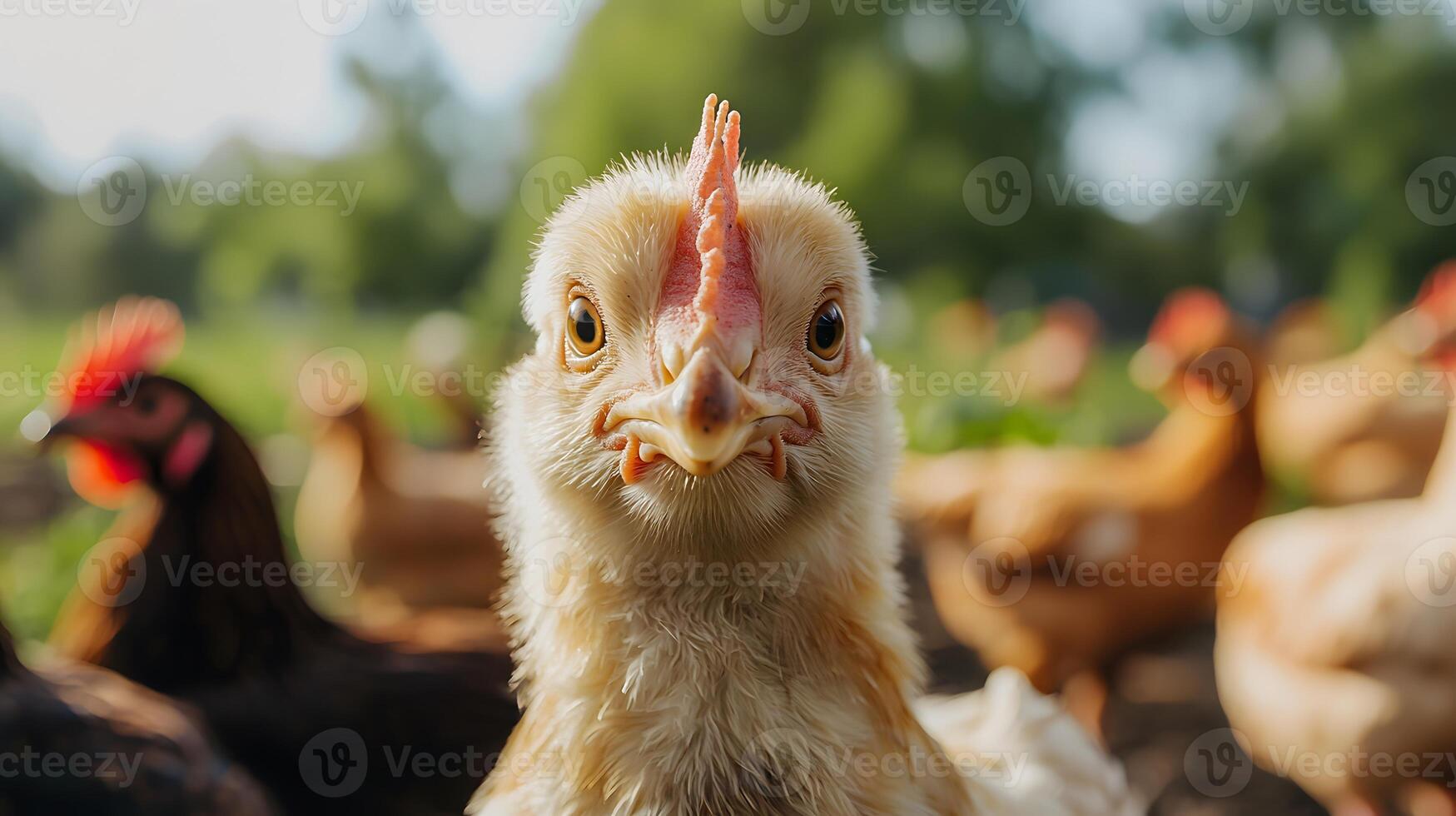 Chickens with colorful feathers walking on fresh grass in sunlit farm setting. Suited for themes of agriculture, countryside, and free-range poultry photo