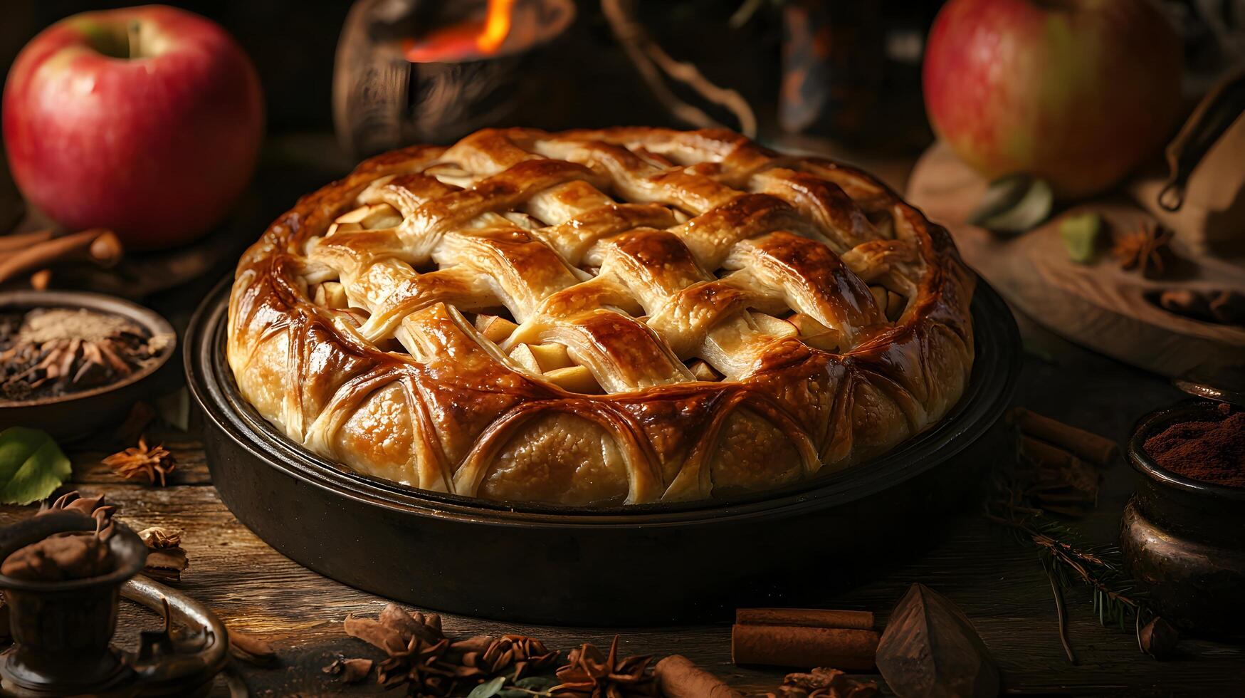 Autumn traditional apple pie in baking dish with cinnamon sticks and whole apples around on wooden table. Stuffed tart with seasonal fruits. Sweet puff pastry dessert photo