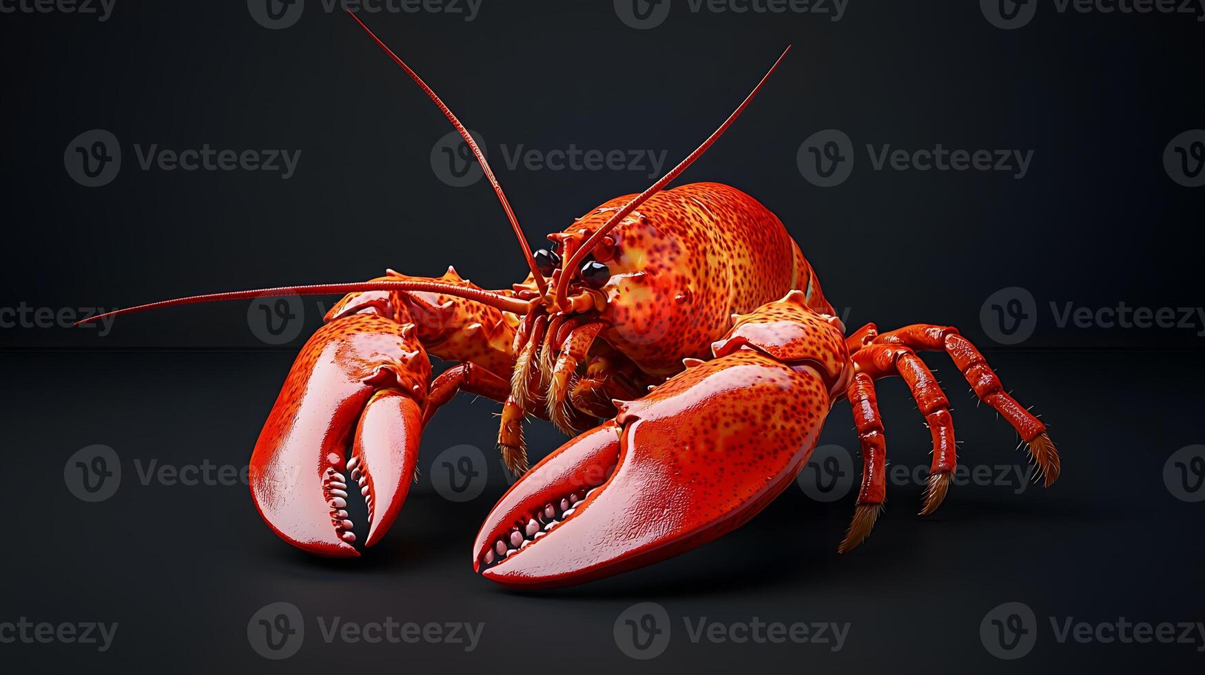 Portrait of alive red lobster on black background, highlighting its detailed claws and antennas photo