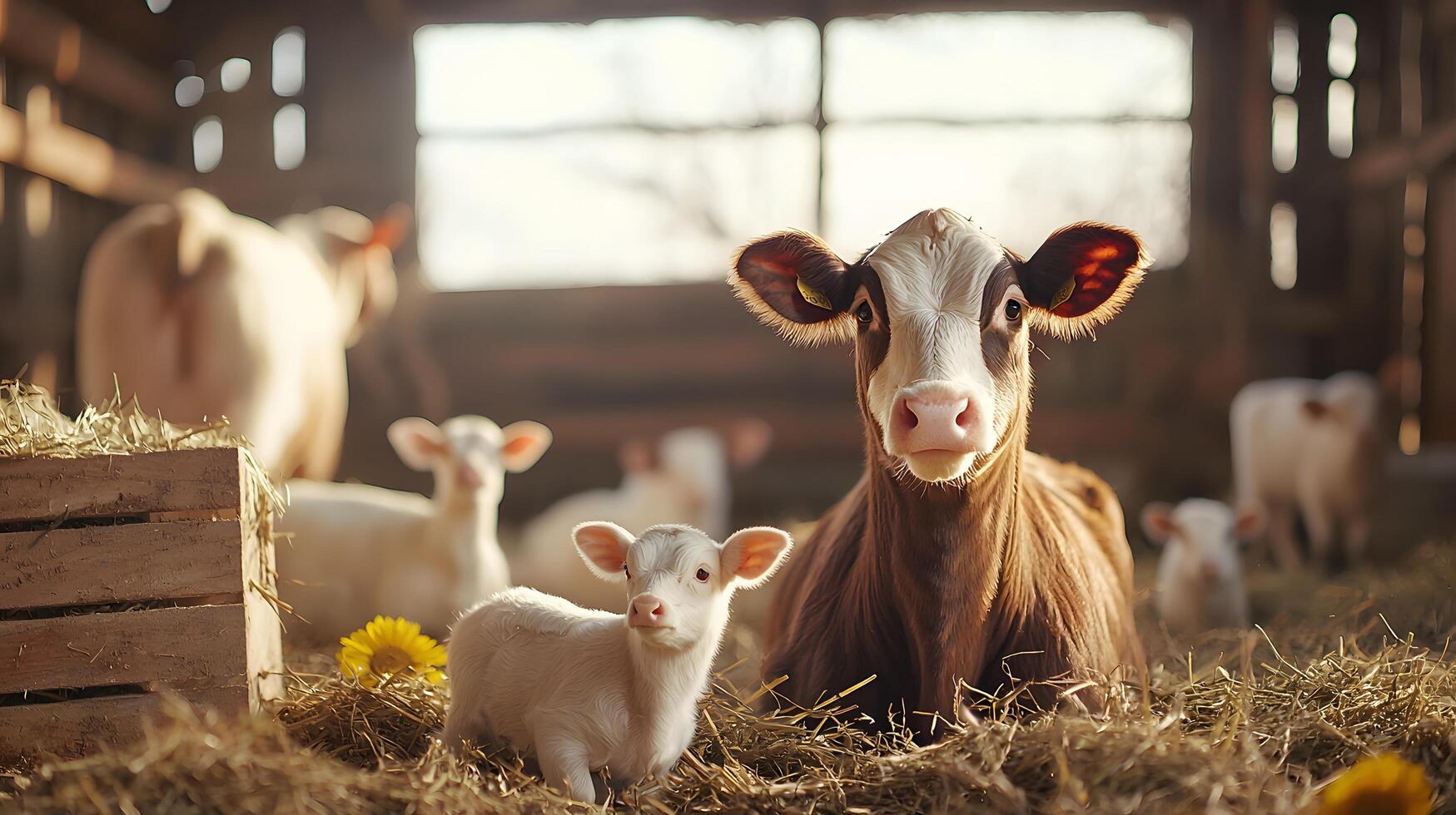 Cow mother with her baby calf lying on hay in farm house. Perfect for agriculture, countryside life and welfare and care of farm animals photo