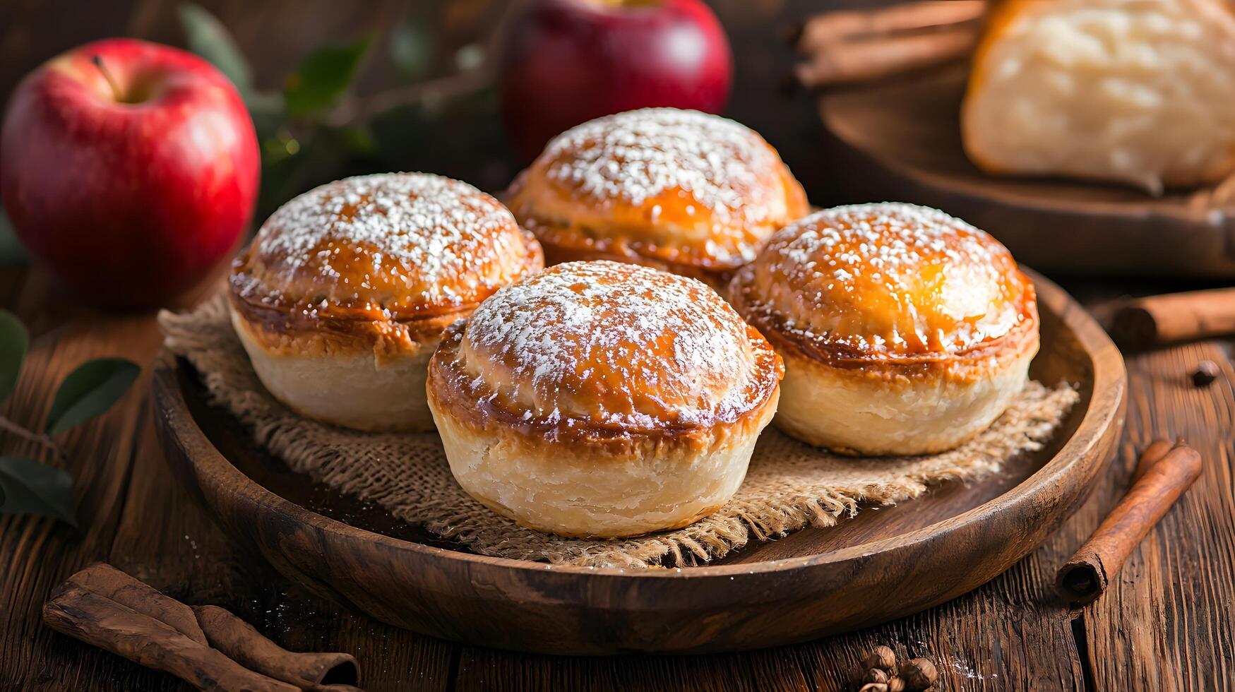 Traditional apple dumplings on wooden tray with cinnamon sticks and whole apples around. Stuffed pies with seasonal fruits. Sweet puff pastry dessert sprinkled with powdered sugar photo