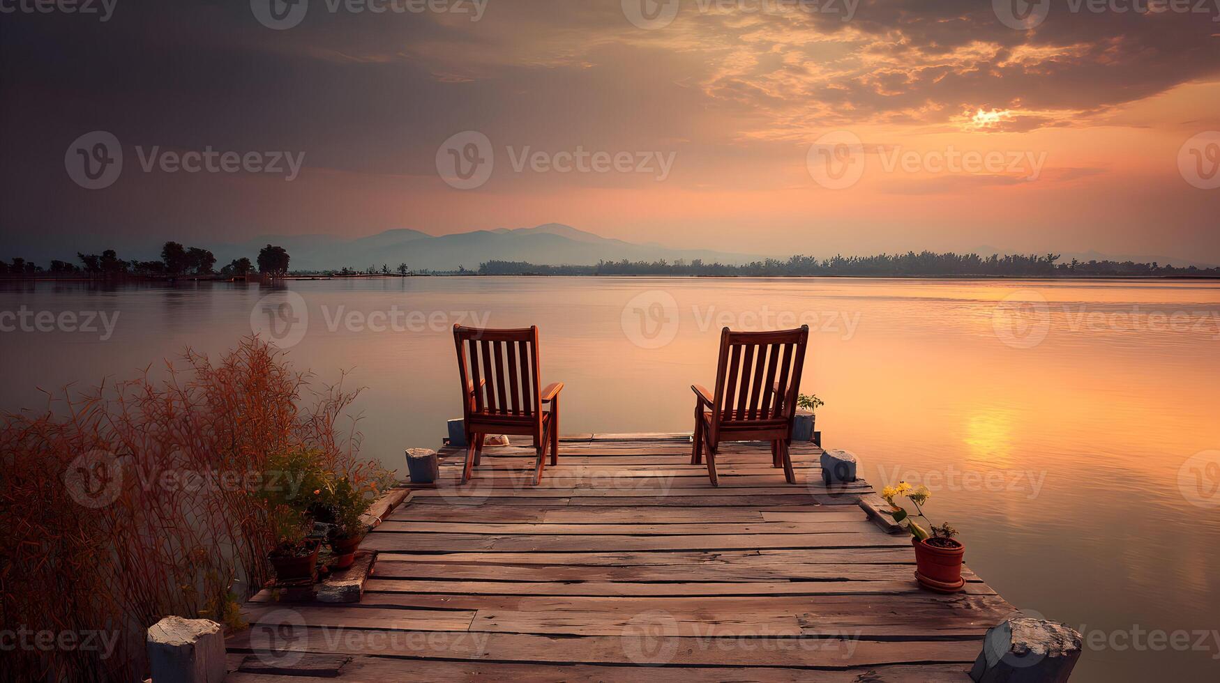 Peaceful sunset scene with two chairs on a wooden pier overlooking the calm lake waters photo